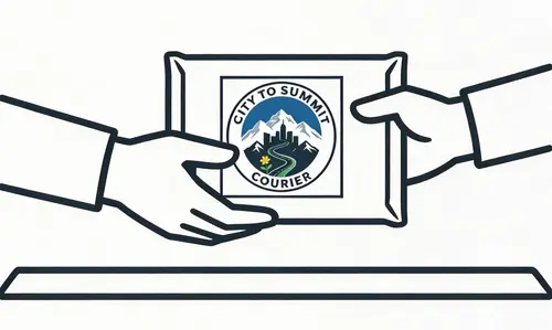 Two hands exchanging a City to Summit Courier branded delivery package
