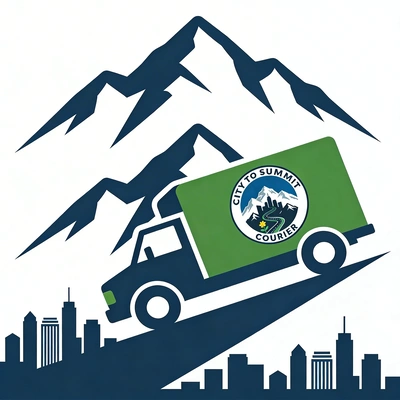 City to Summit Courier branded delivery truck climbing a mountain road above a city skyline representing commitment, integrity, and passion for Colorado routes