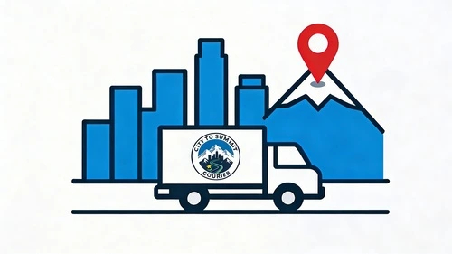 City to Summit Courier branded delivery truck driving from city skyline to mountain destination with GPS pin