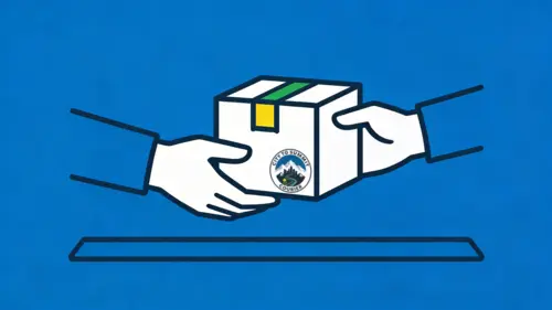 Two hands exchanging a sealed delivery box in City to Summit Courier's How It Works steps