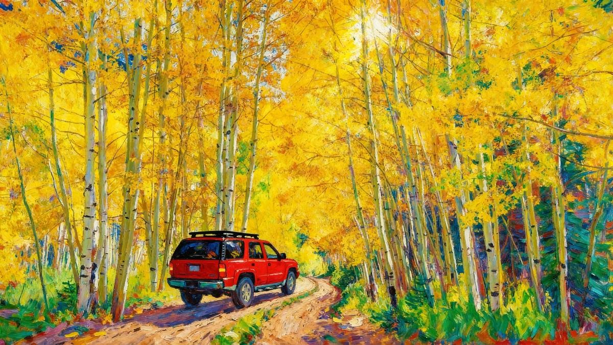 Same-day delivery Denver to Aspen along tree-lined mountain road in fall