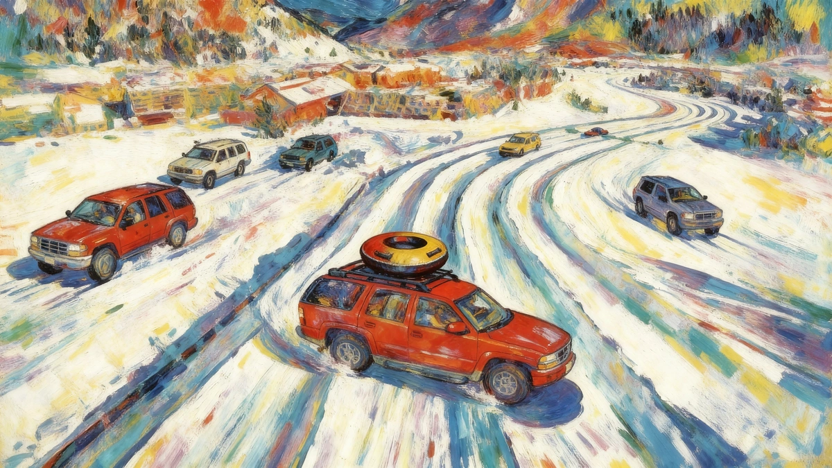 City to Summit Courier vehicle navigating snowy road from Denver to Copper Mountain in winter conditions