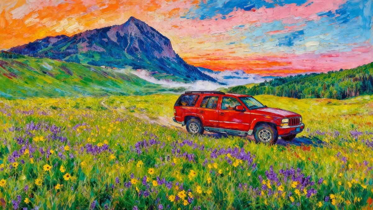 Courier vehicle driving from Denver to Crested Butte through wildflower meadow and mountains