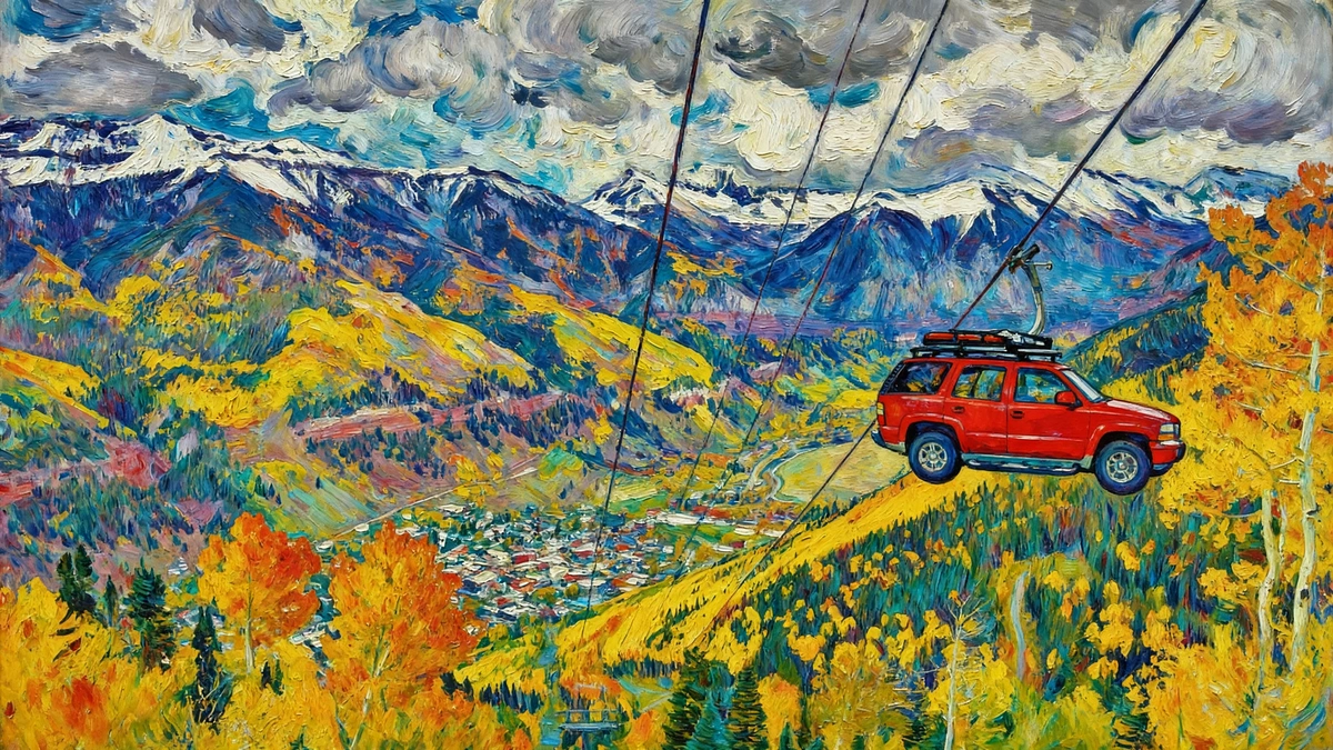 City to Summit Courier vehicle traveling from Denver to Telluride above mountain valley with fall colors