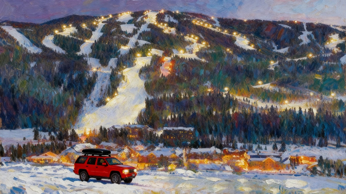 Denver to Keystone City to Summit Courier service above mountain resort with night skiing lights