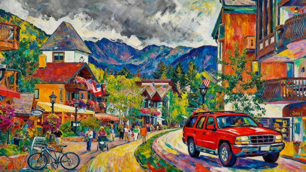 Denver to Vail City to Summit Courier service entering colorful mountain resort town