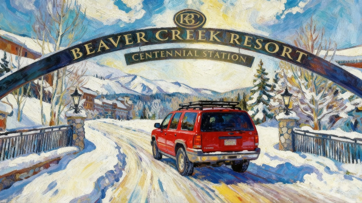 Red SUV arriving at the Beaver Creek Resort Centennial Station entrance on a snowy road after delivery from Denver