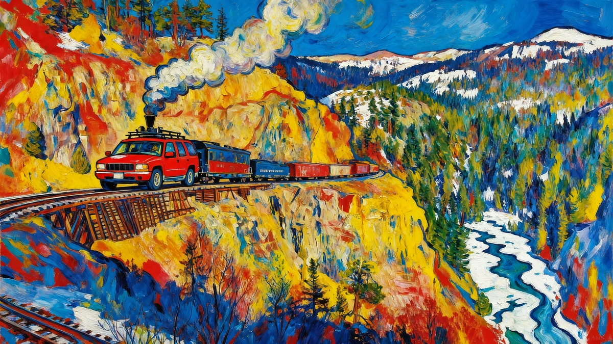 Red SUV pulling a steam train along a mountain canyon trestle, illustrating Denver to Durango delivery service