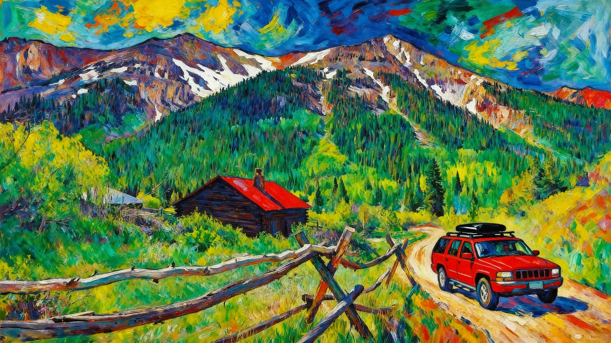 Red delivery vehicle on a rural mountain road near Buena Vista, Colorado
