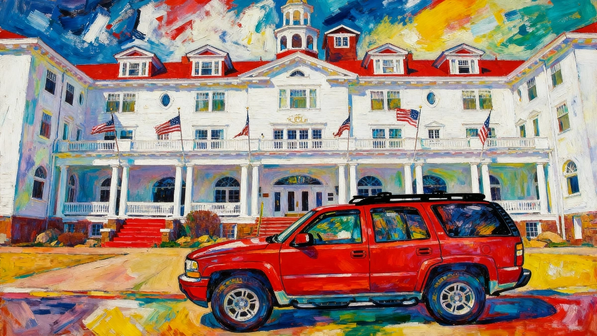 Red delivery vehicle outside the Stanley Hotel in Estes Park, Colorado