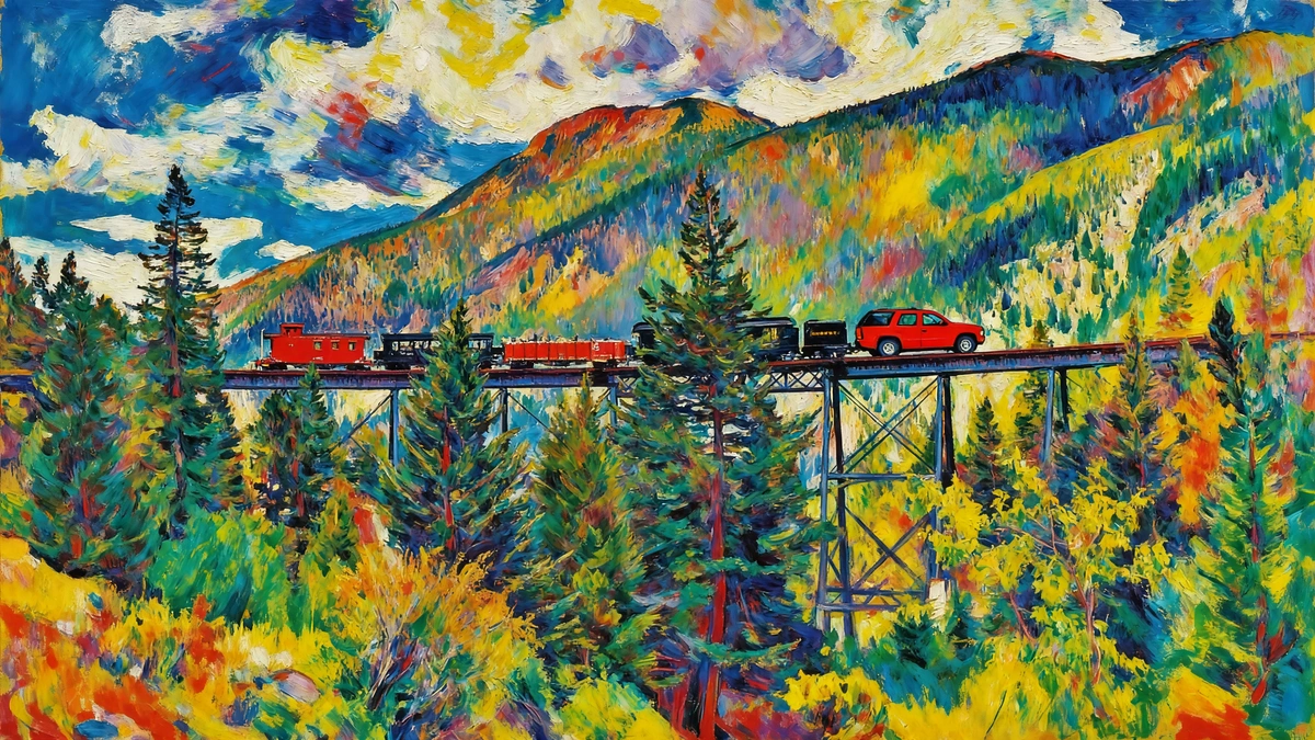 Red delivery vehicle near the Georgetown Loop Railroad in Georgetown, Colorado