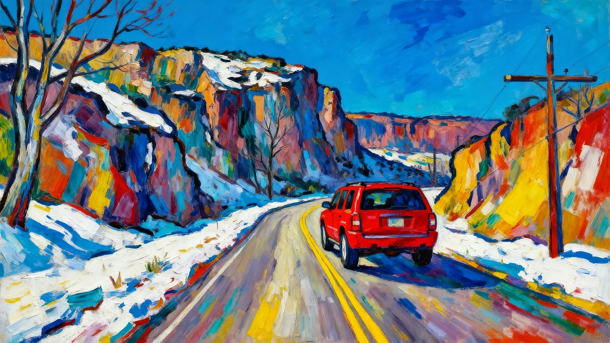 Red delivery vehicle on a snowy canyon road near Grand Junction, Colorado