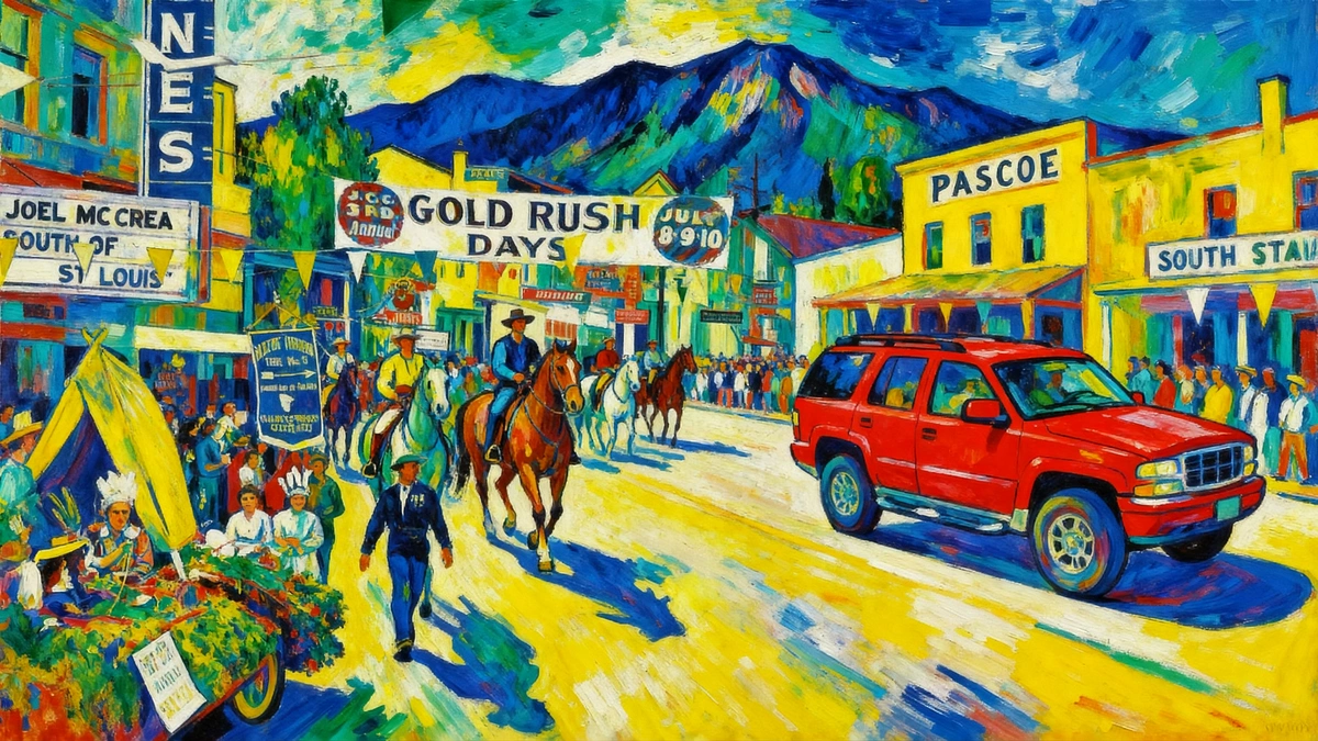 Red courier vehicle at a Gold Rush Days parade in downtown Idaho Springs, Colorado