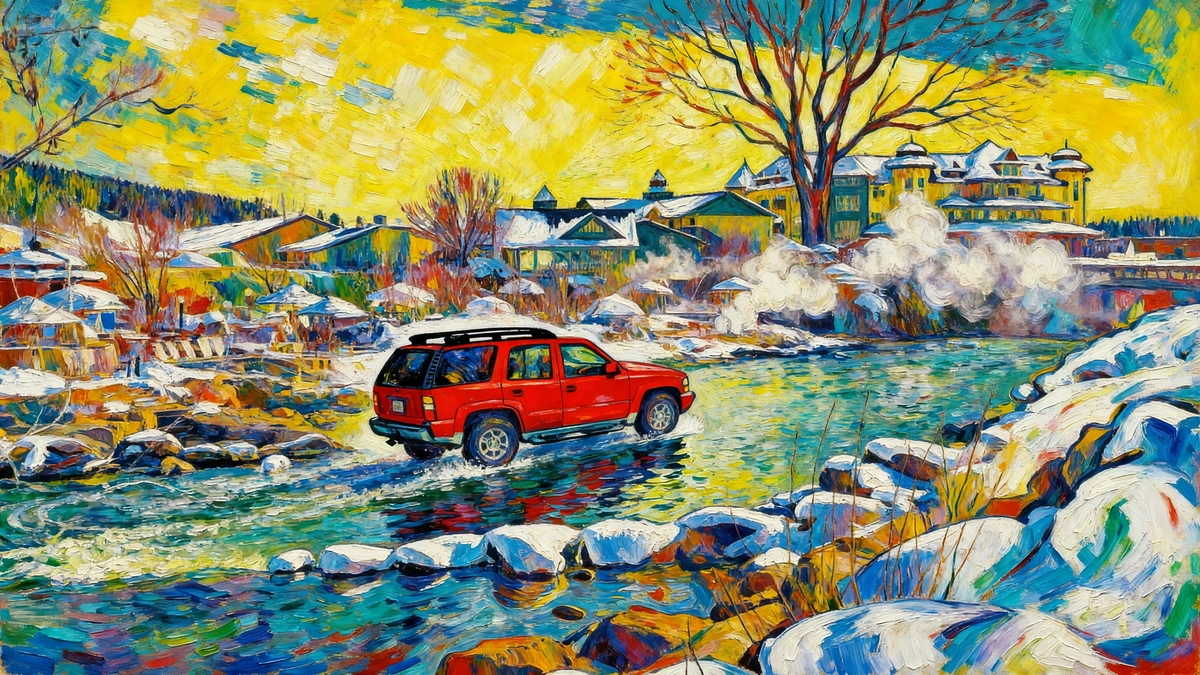 Red delivery vehicle near the San Juan River and hot springs in Pagosa Springs, Colorado