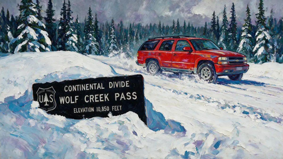 Red delivery vehicle at snowy Wolf Creek Pass on the Continental Divide in Colorado