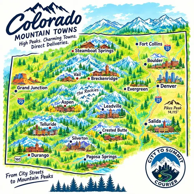 Illustrated Colorado map showing Denver and mountain towns served by City to Summit Courier