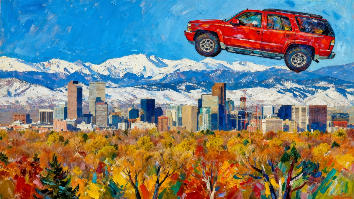 Stylized red SUV above the Denver skyline with snowy Rocky Mountains and autumn trees